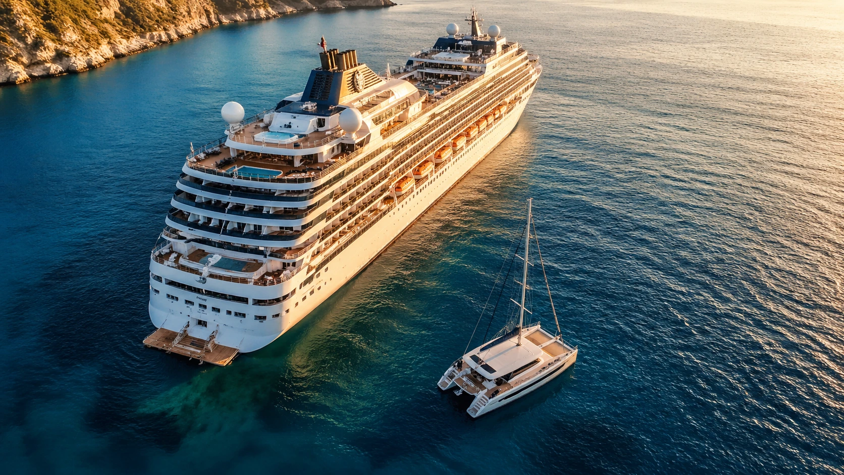 Aerial view of a luxury cruise ship and a private catamaran anchored in the ocean