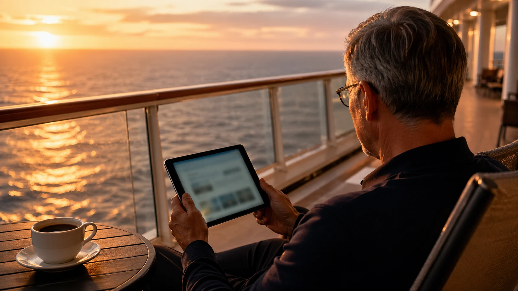 Sophisticated traveler sitting on a cruise ship balcony reading a tablet at sunrise