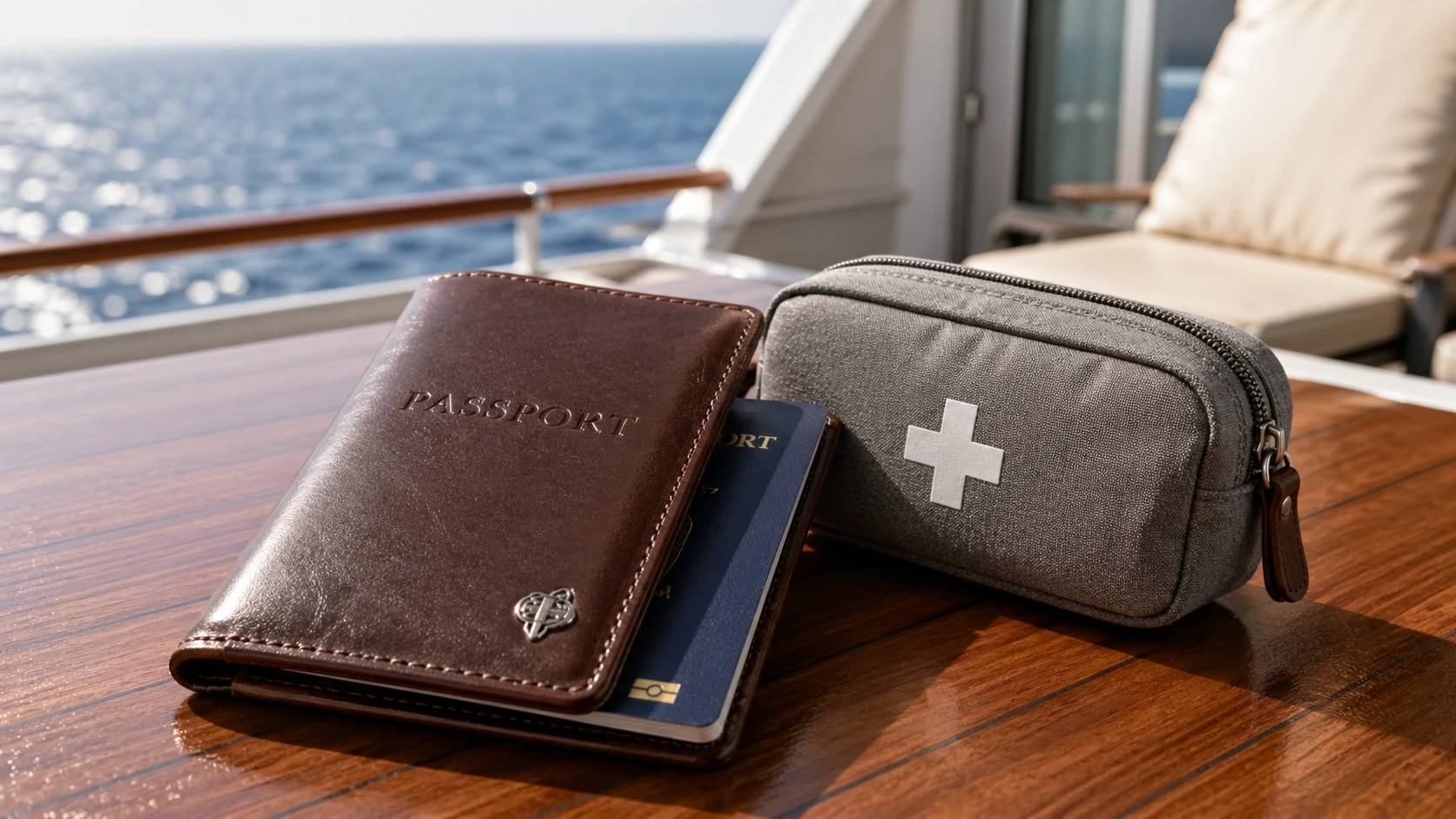 Close-up of a premium leather passport wallet and travel first aid pouch on a cruise ship balcony