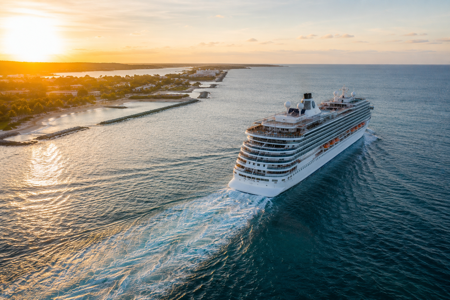A cruise ship sailing away from a sunlit tropical coastline at golden hour