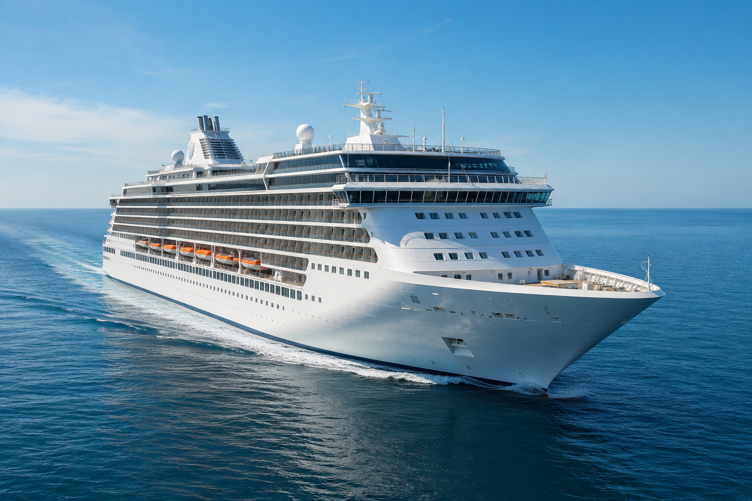 A large modern cruise ship sailing calmly on open water under a clear sky