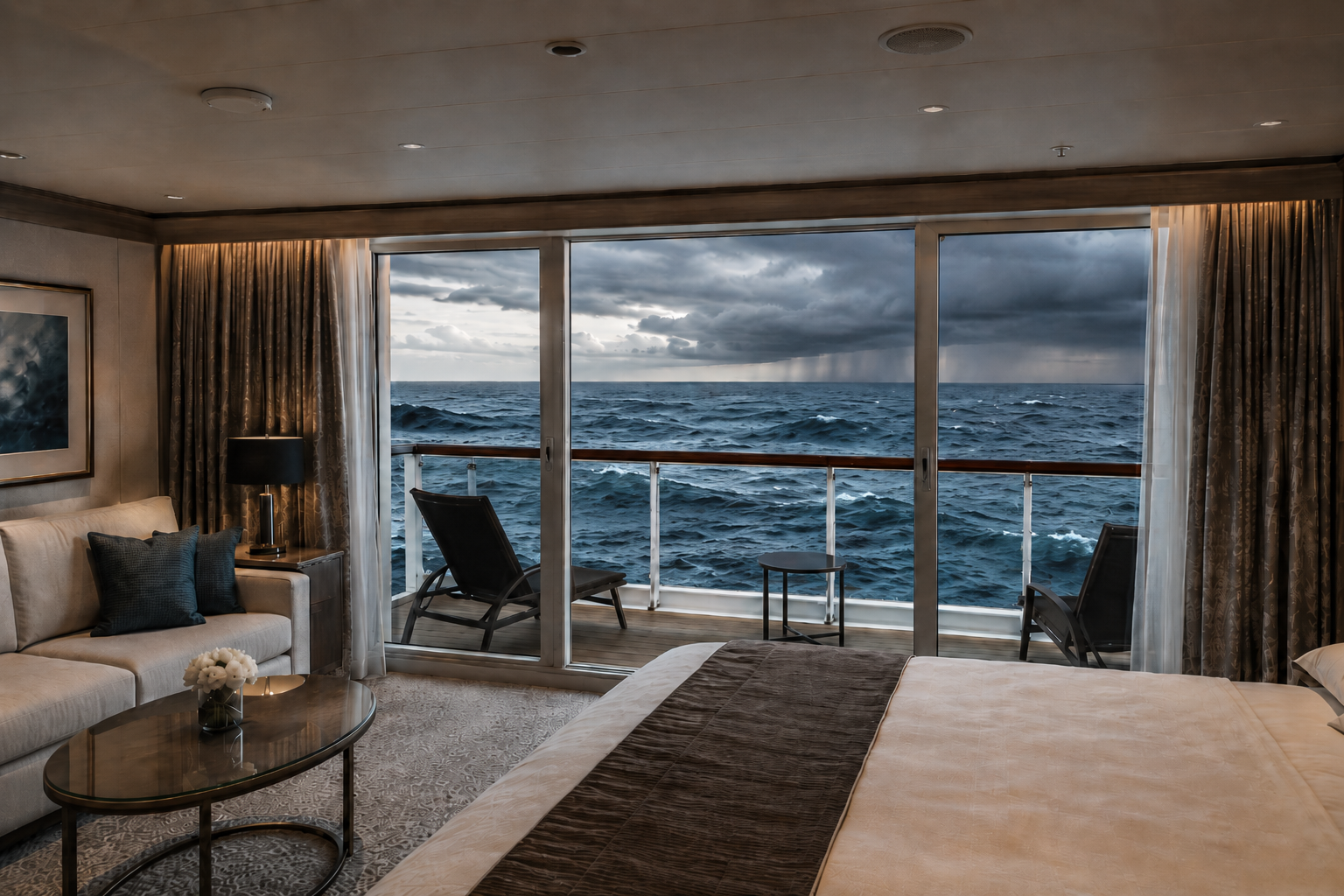 A calm cruise ship cabin with a balcony view of a steady ocean horizon