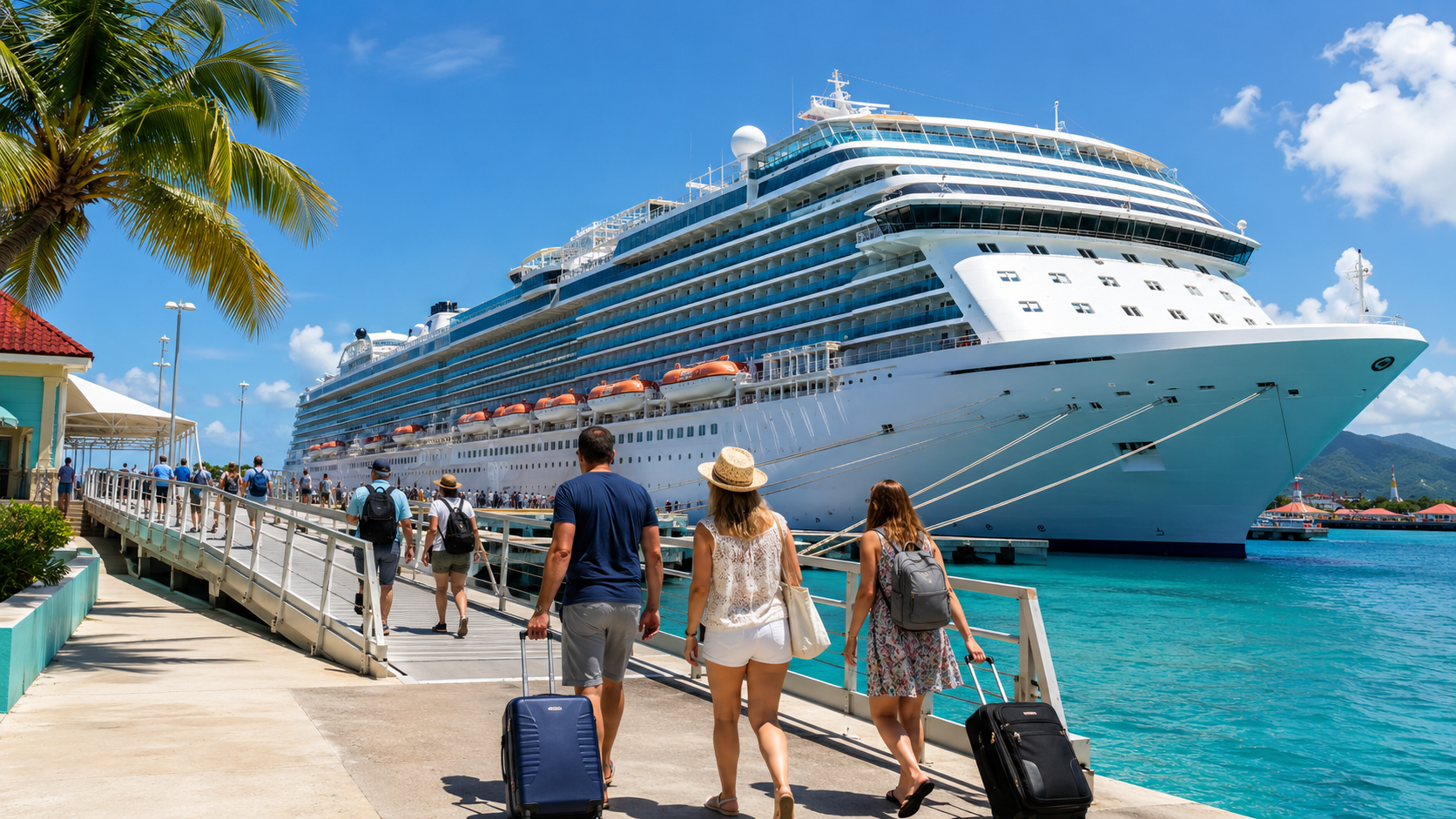 A modern mega-ship docked at a sunny Caribbean port with first-time cruisers walking the gangway
