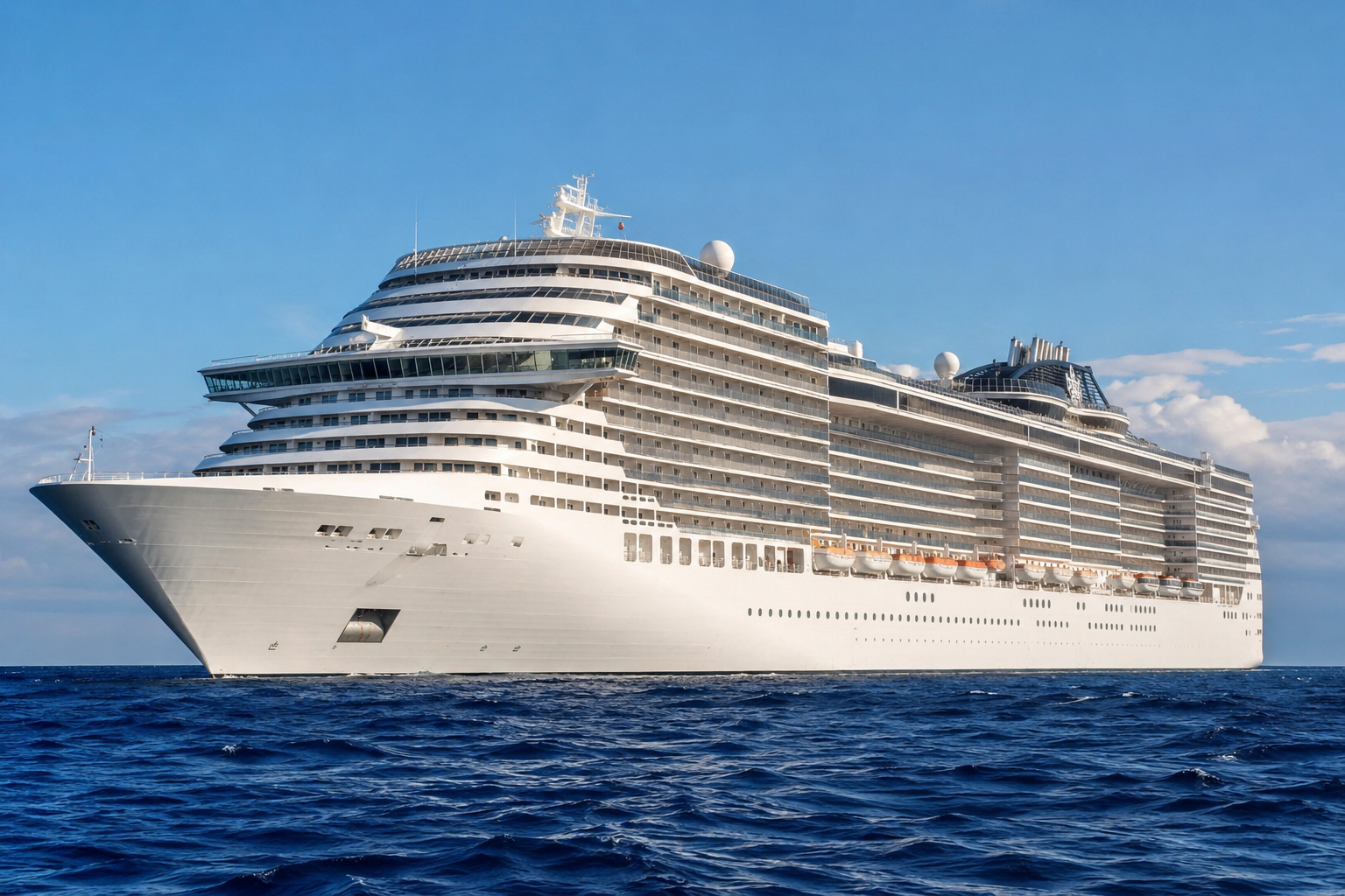 A cruise ship seen from the water showing its many stacked passenger decks