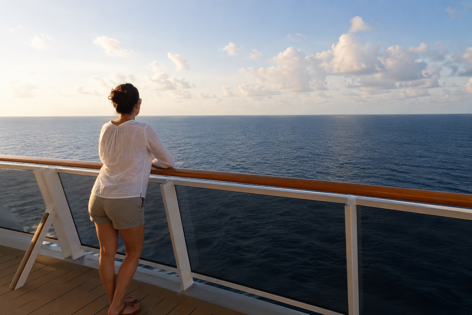 A solo cruise passenger looking out over the ship's railing at the open sea