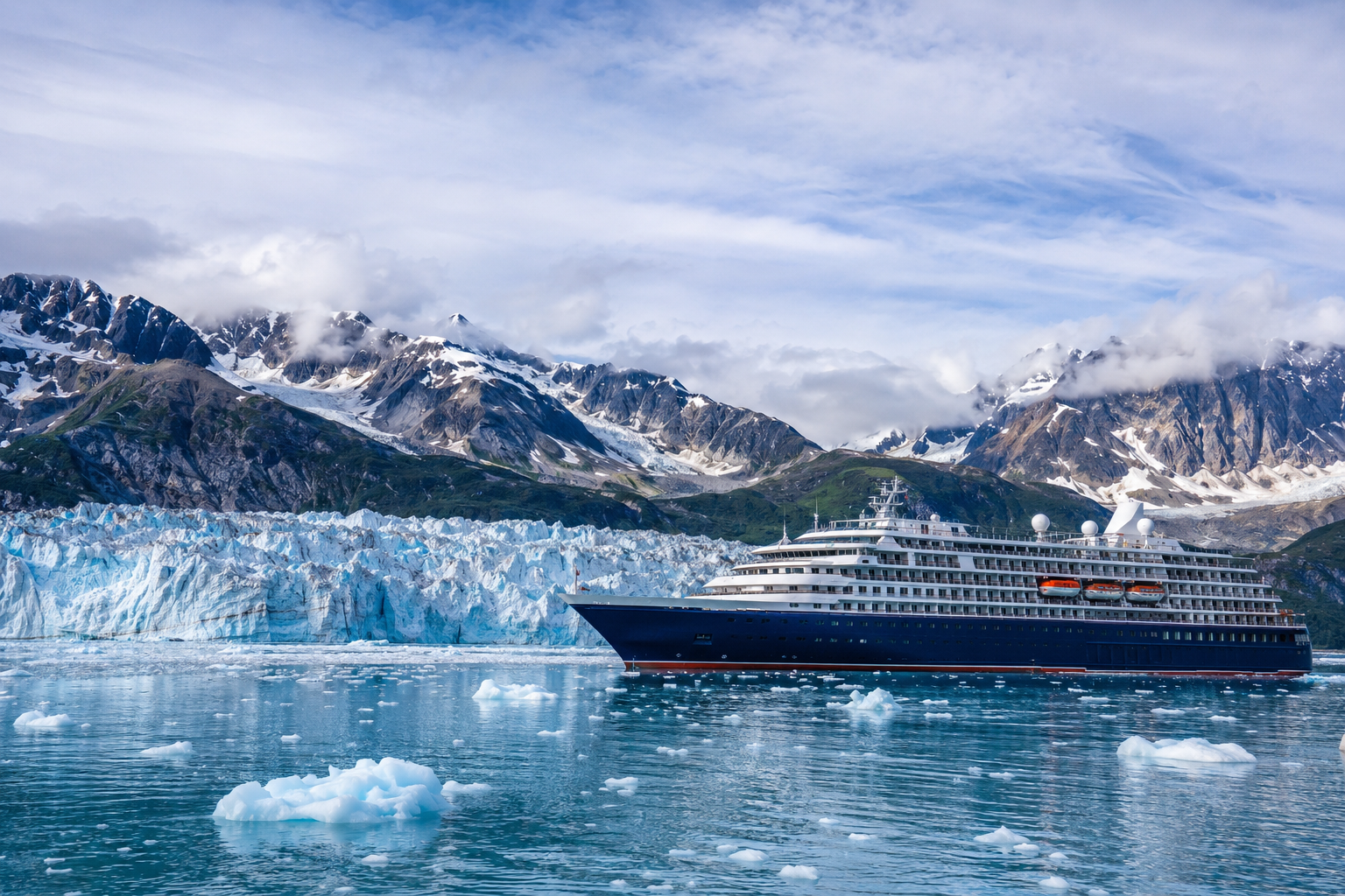 A cruise ship sailing past Alaskan glaciers and snow-capped mountains