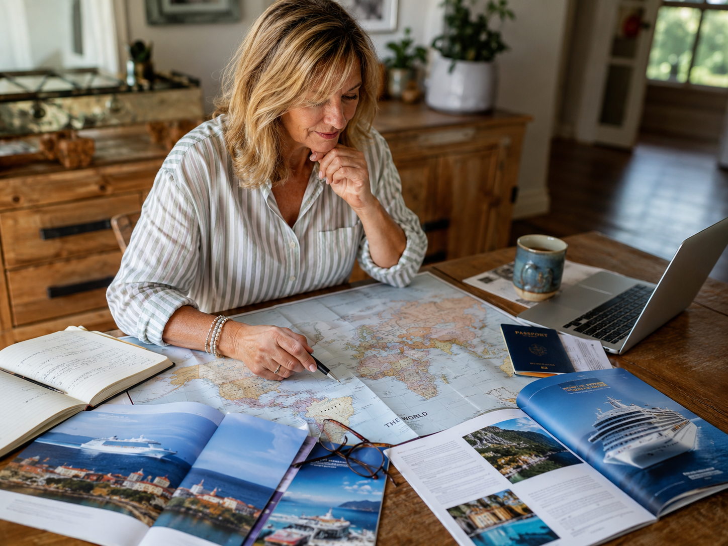 A traveler studying a world map and cruise brochures while planning a trip