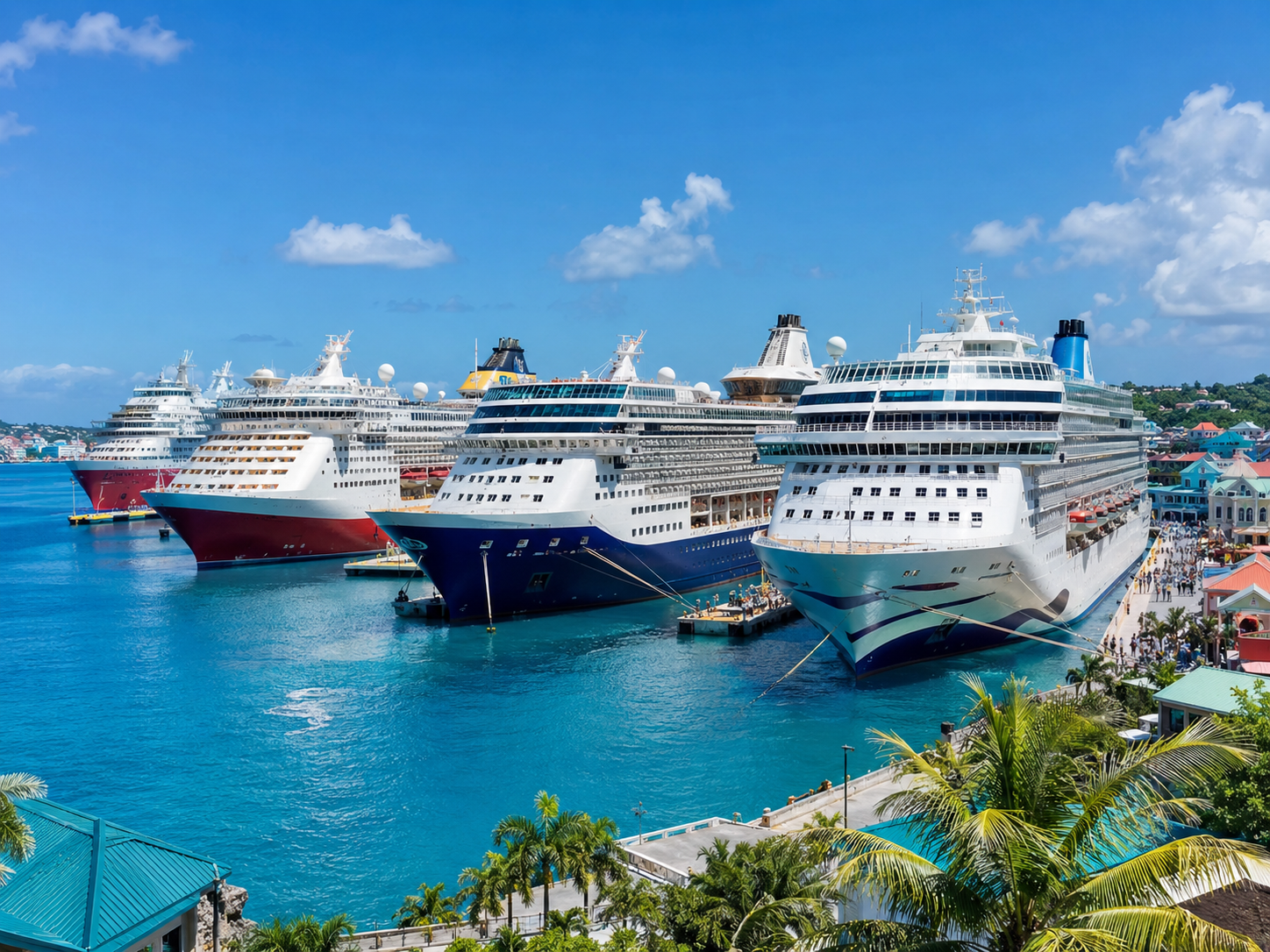 Several cruise ships from different lines docked side by side in a busy port