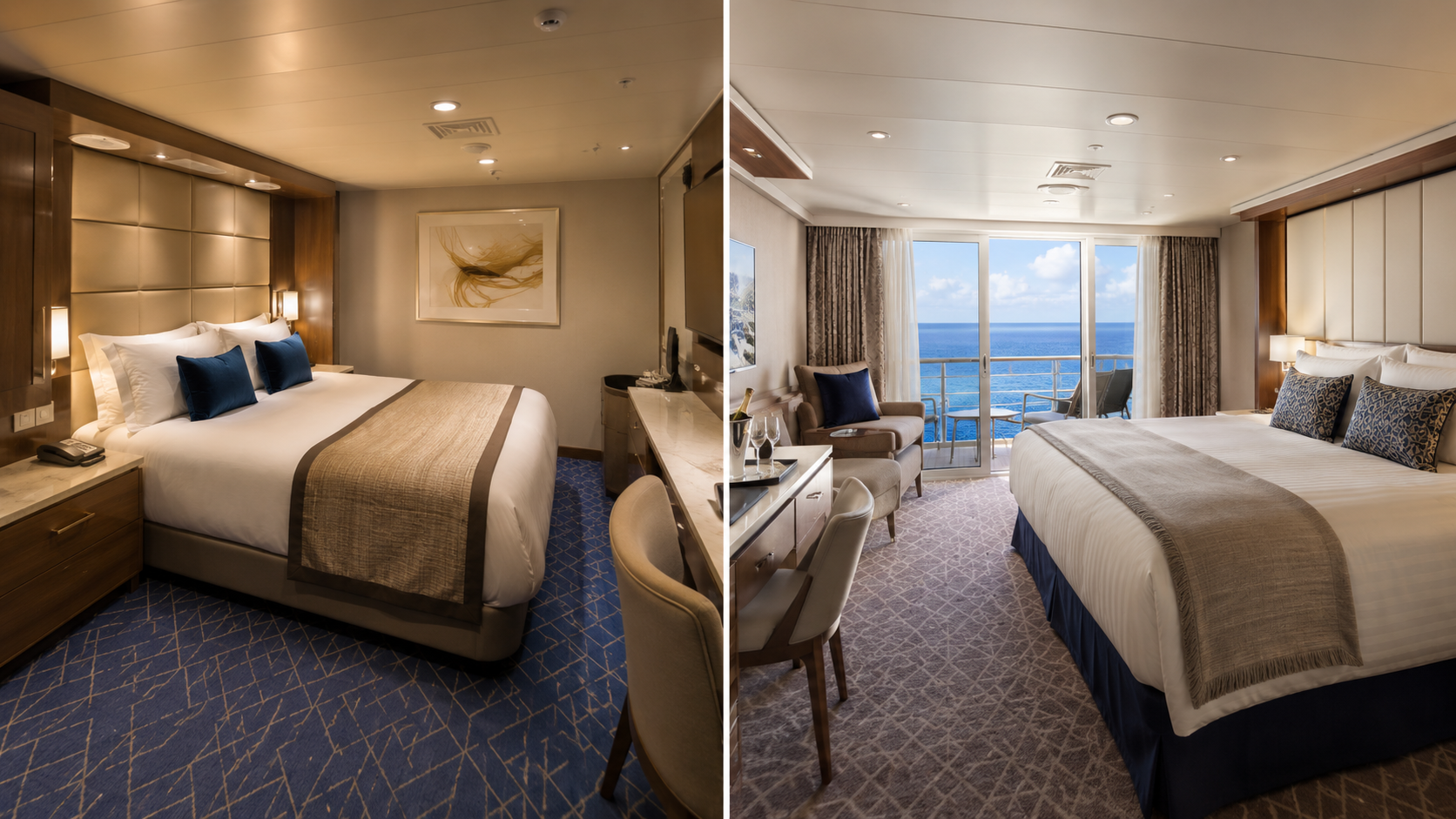 Side-by-side cruise cabins: a windowless inside cabin and a balcony stateroom with an ocean view