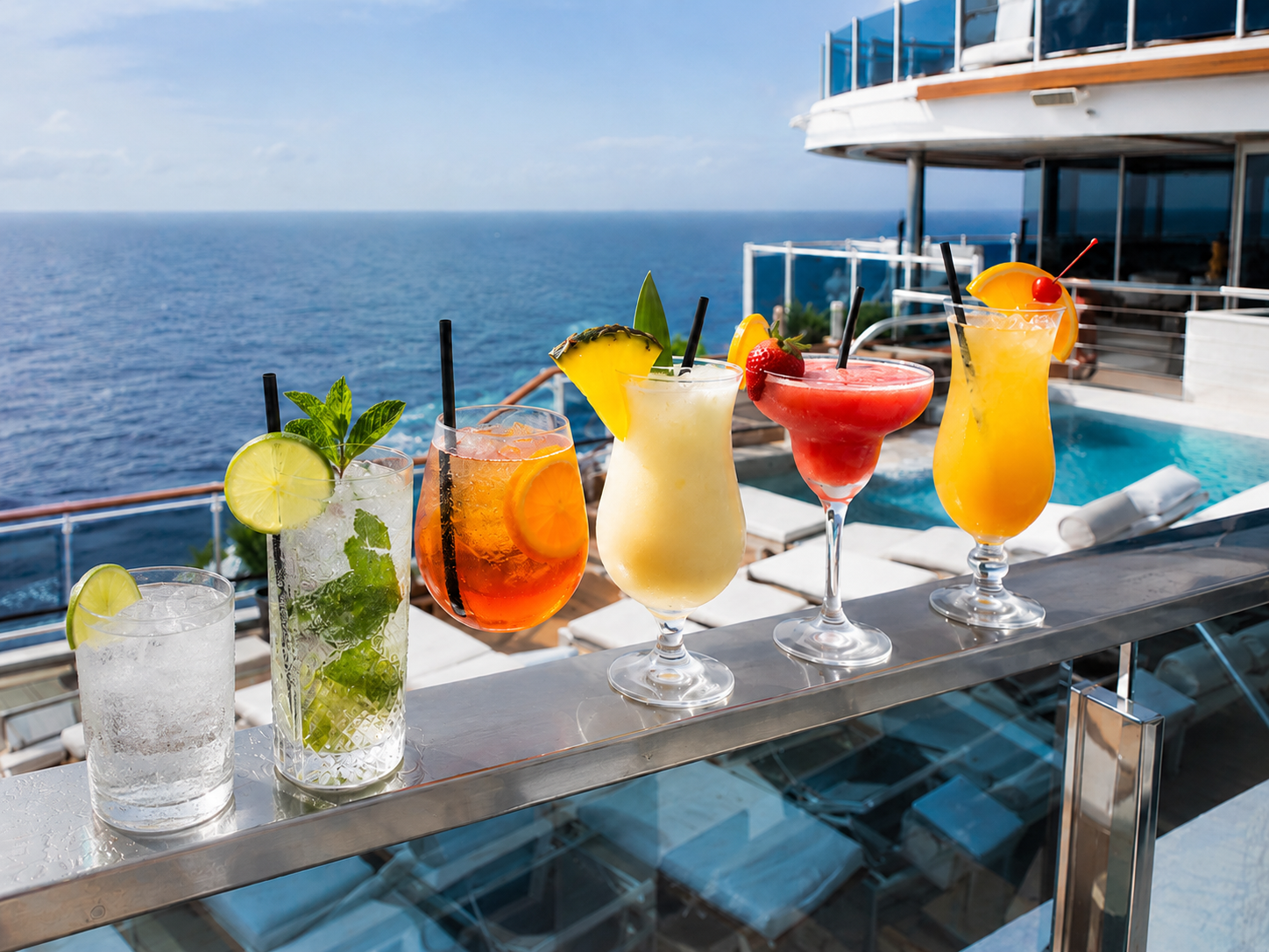 Tropical cocktails and a chilled drink on a cruise ship pool deck railing overlooking the sea