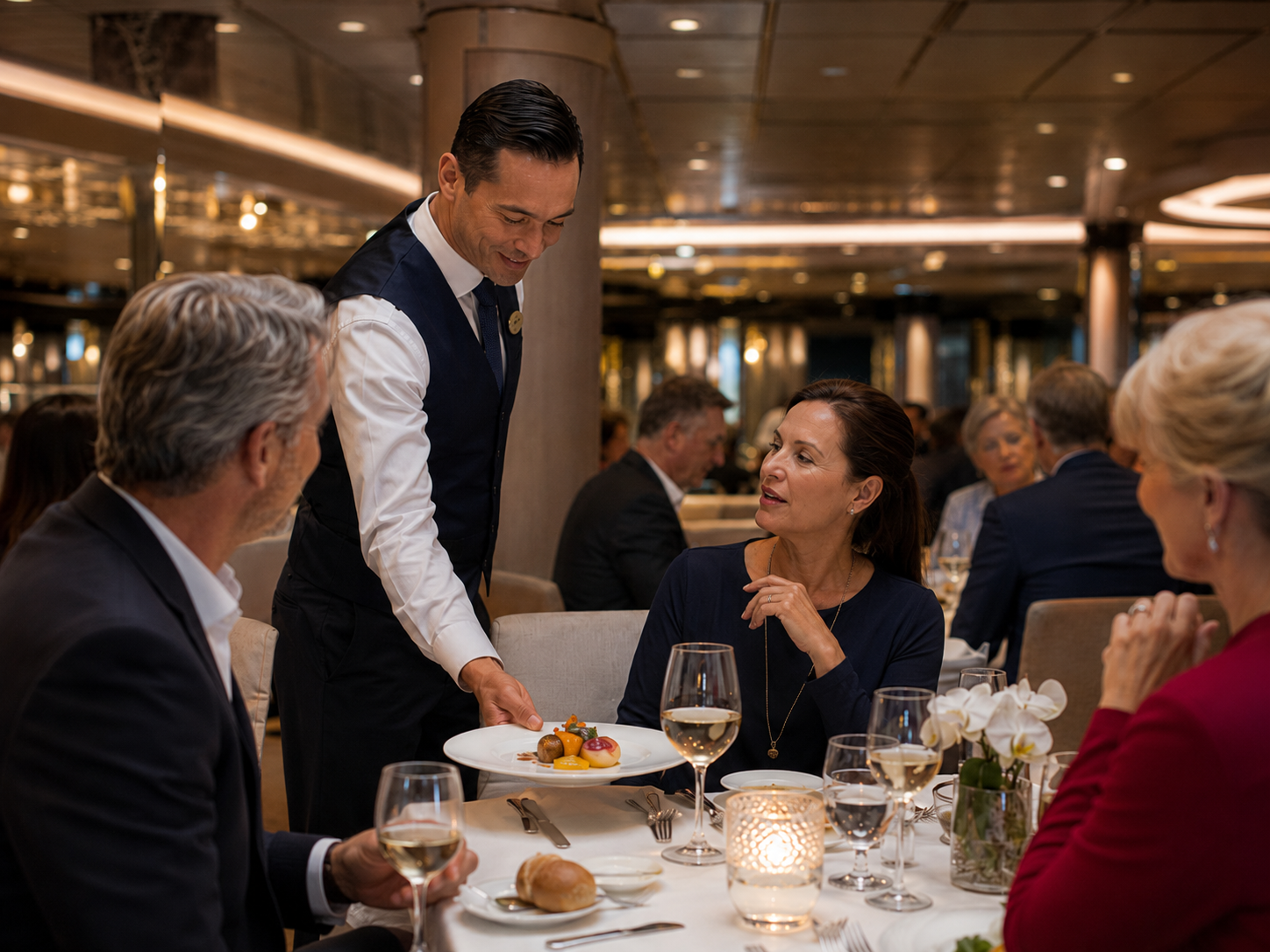 A cruise ship dining room server presenting a plate to seated guests