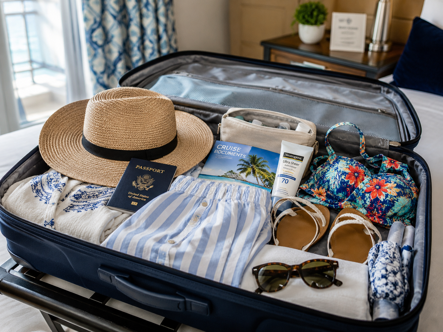 An open suitcase packed for a cruise with folded clothes, a sun hat, swimwear, and travel essentials