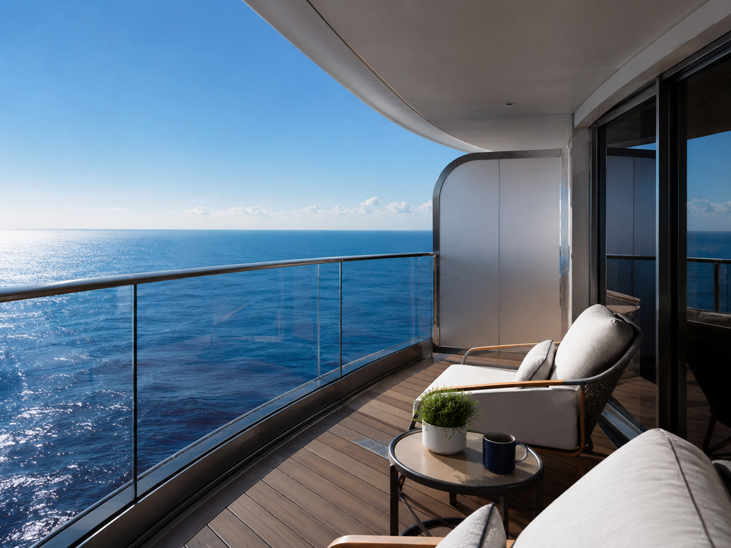A calm ocean horizon viewed from a cruise ship balcony on a clear day