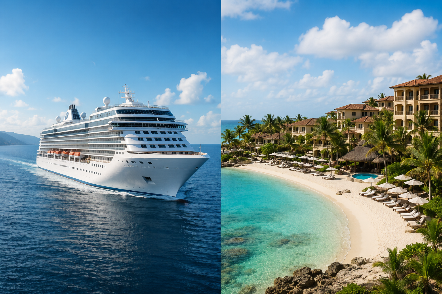 A cruise ship at sea on one side and a beachfront all-inclusive resort on the other