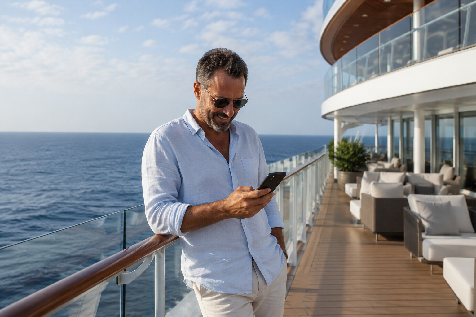 A cruise passenger checking a phone on deck with the open sea behind them
