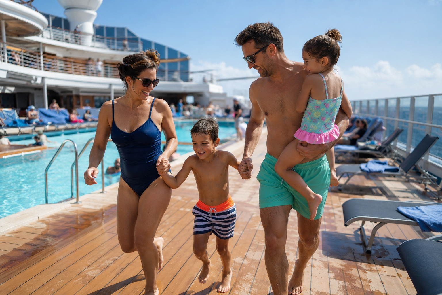 A family with young children enjoying the pool deck of a large cruise ship on a sunny day