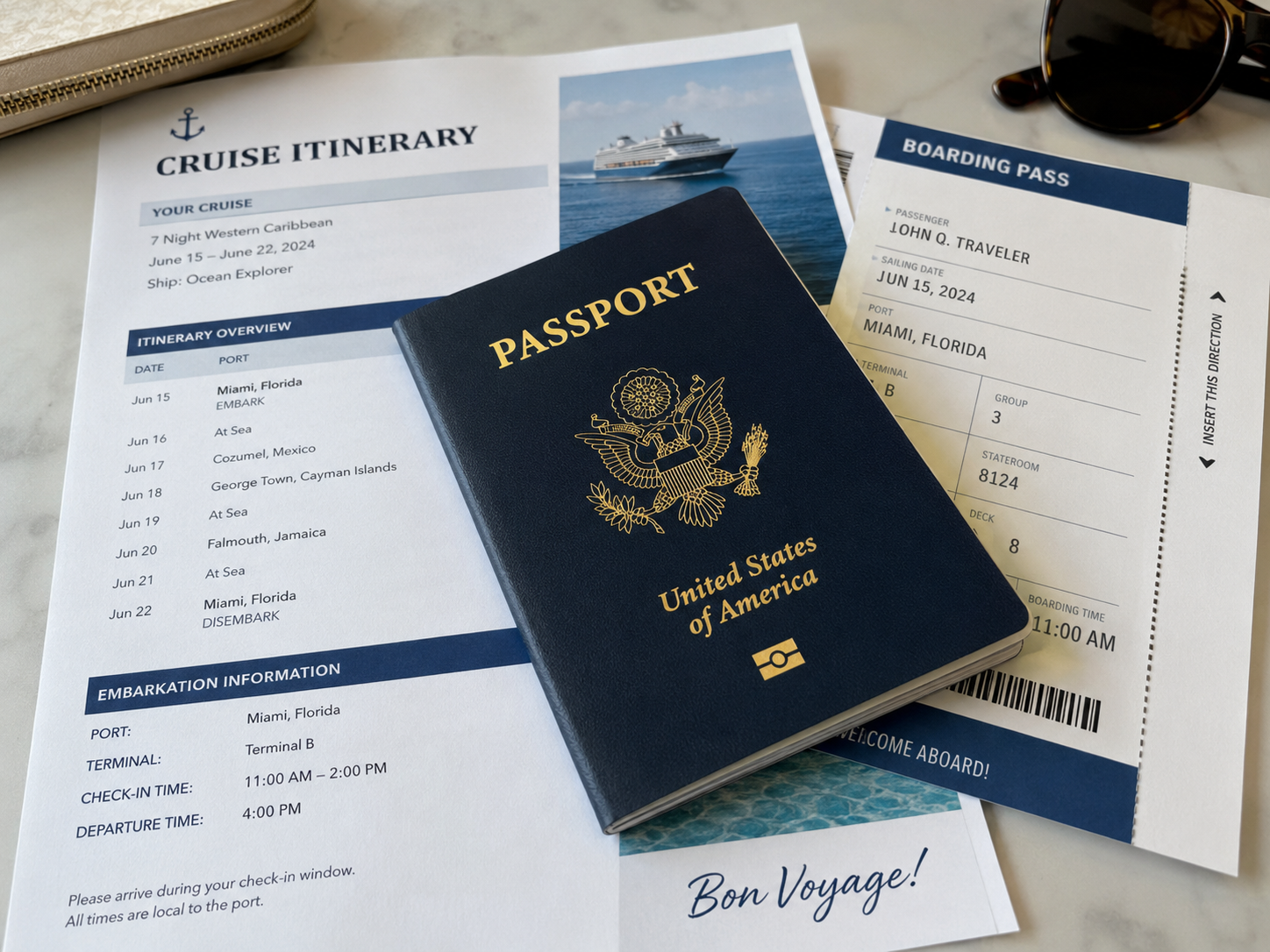 A US passport book and boarding documents resting on a cruise itinerary