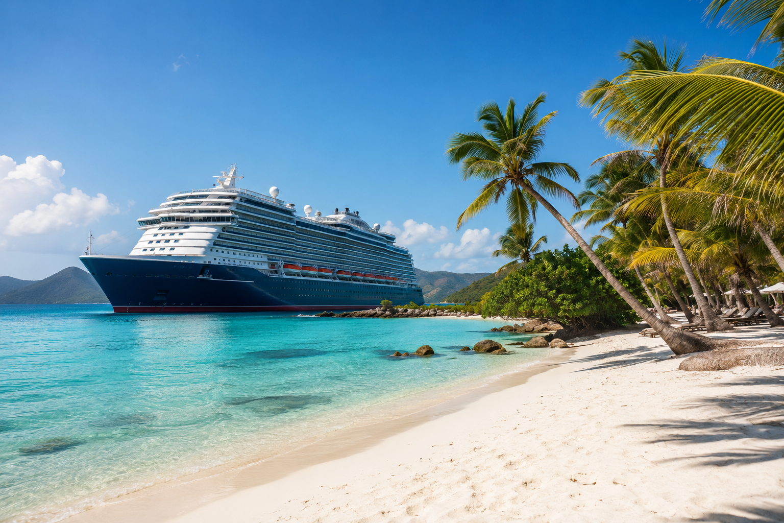 A cruise ship anchored off a turquoise Caribbean bay with a palm-lined white-sand beach