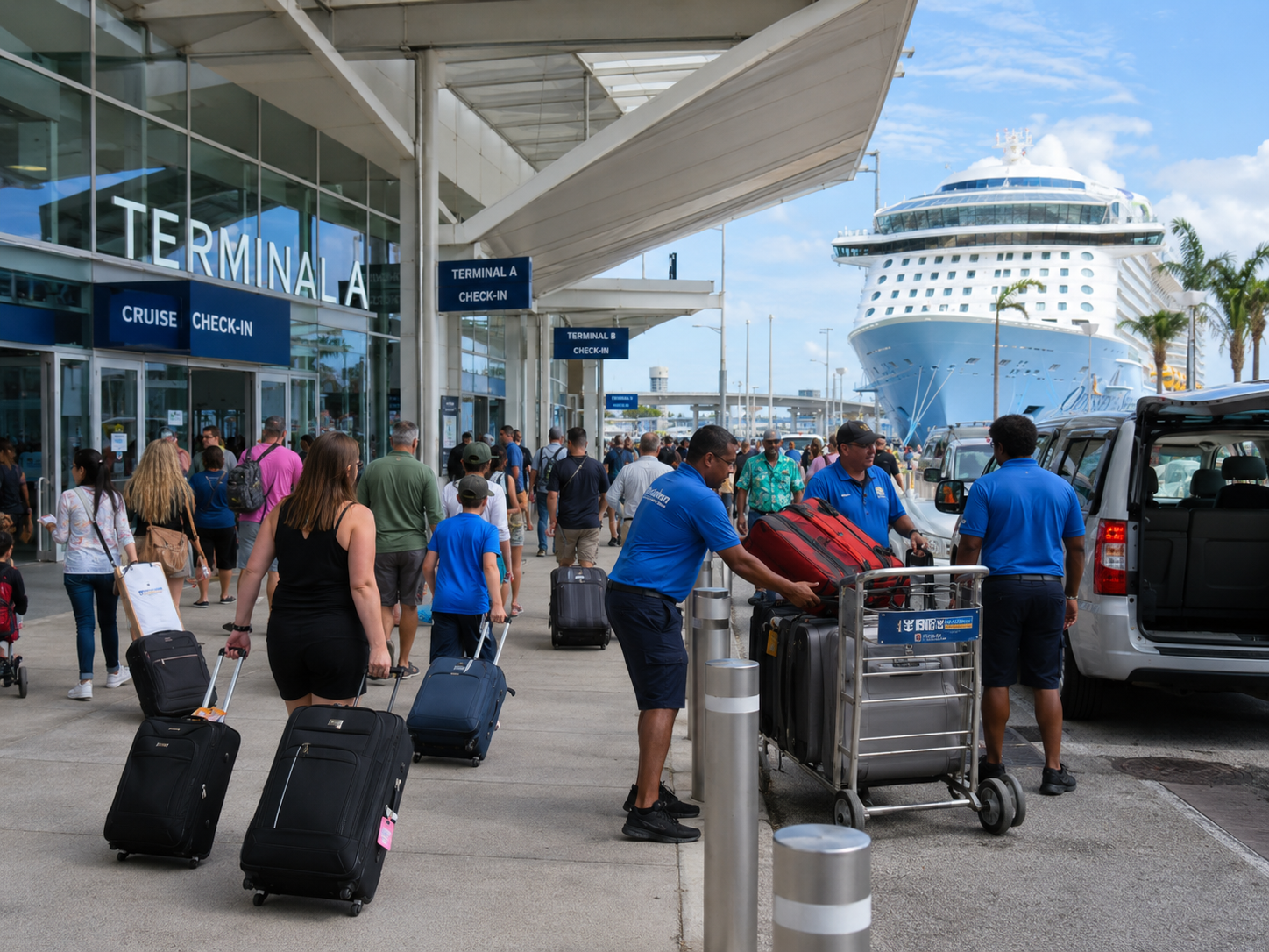 Cruise passengers handing luggage to porters and walking toward the terminal on embarkation day
