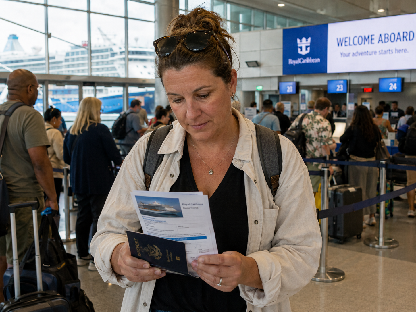A first-time cruiser checking documents at a busy cruise terminal before boarding