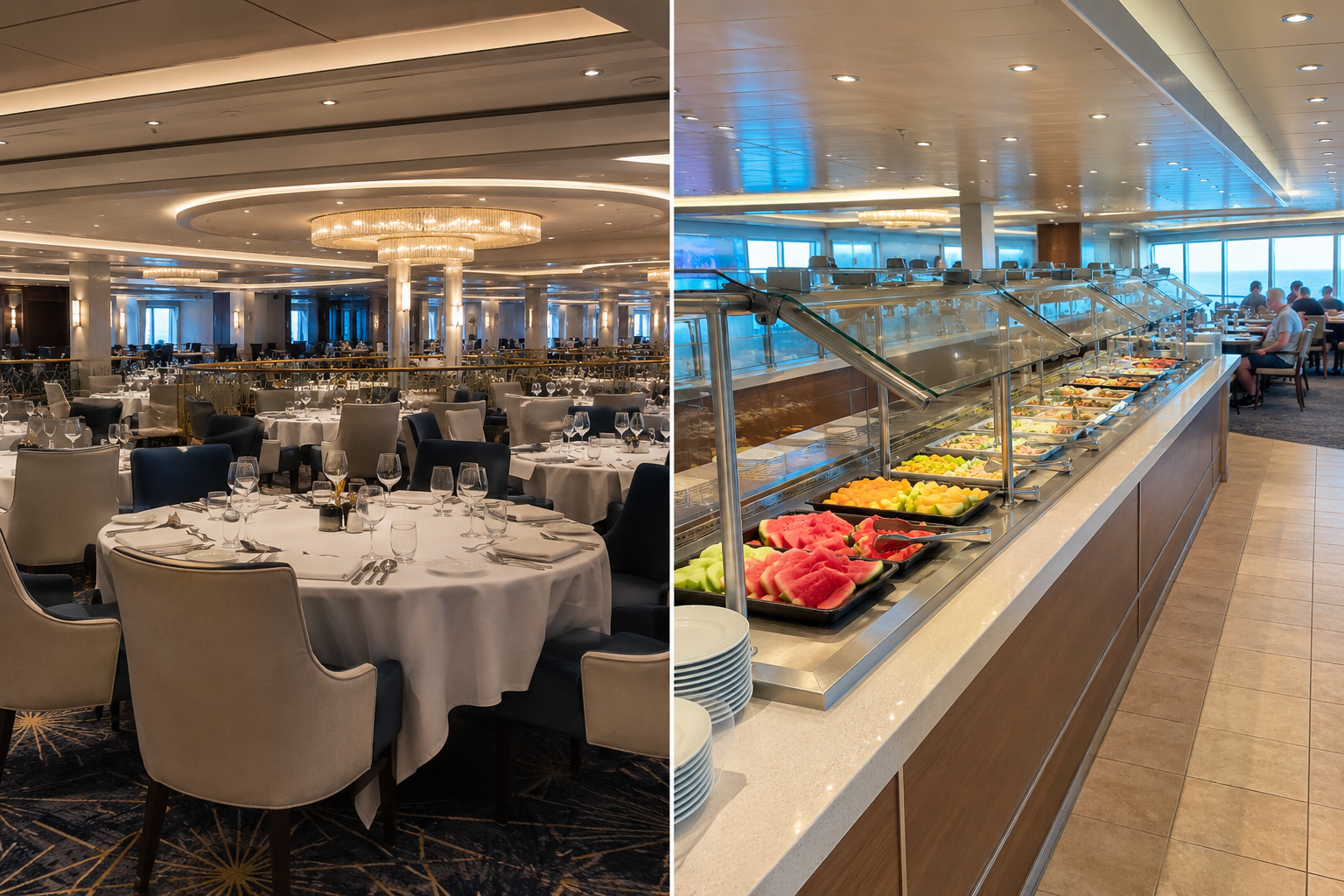 A cruise ship main dining room with set tables on one side and a casual self-serve buffet line on the other