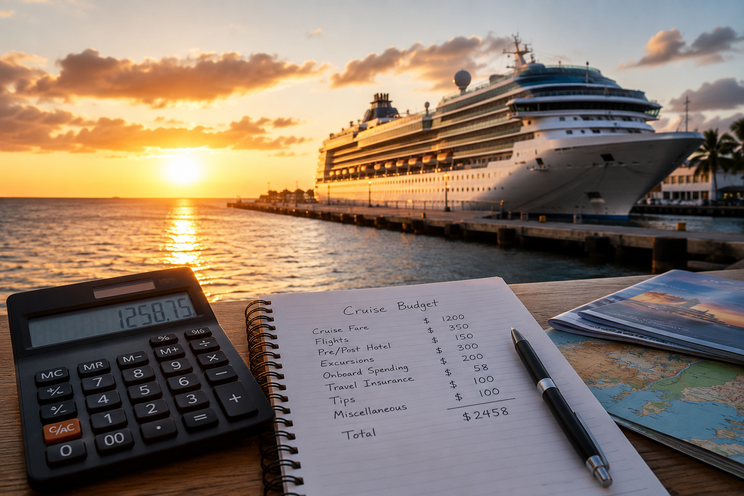 A cruise ship docked at sunset beside a calculator and travel budget notes