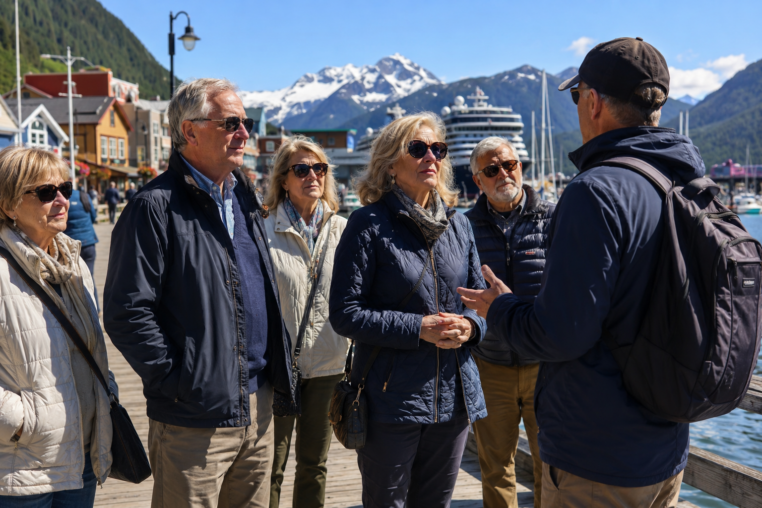A small group of cruise passengers on a guided shore excursion in a sunny port