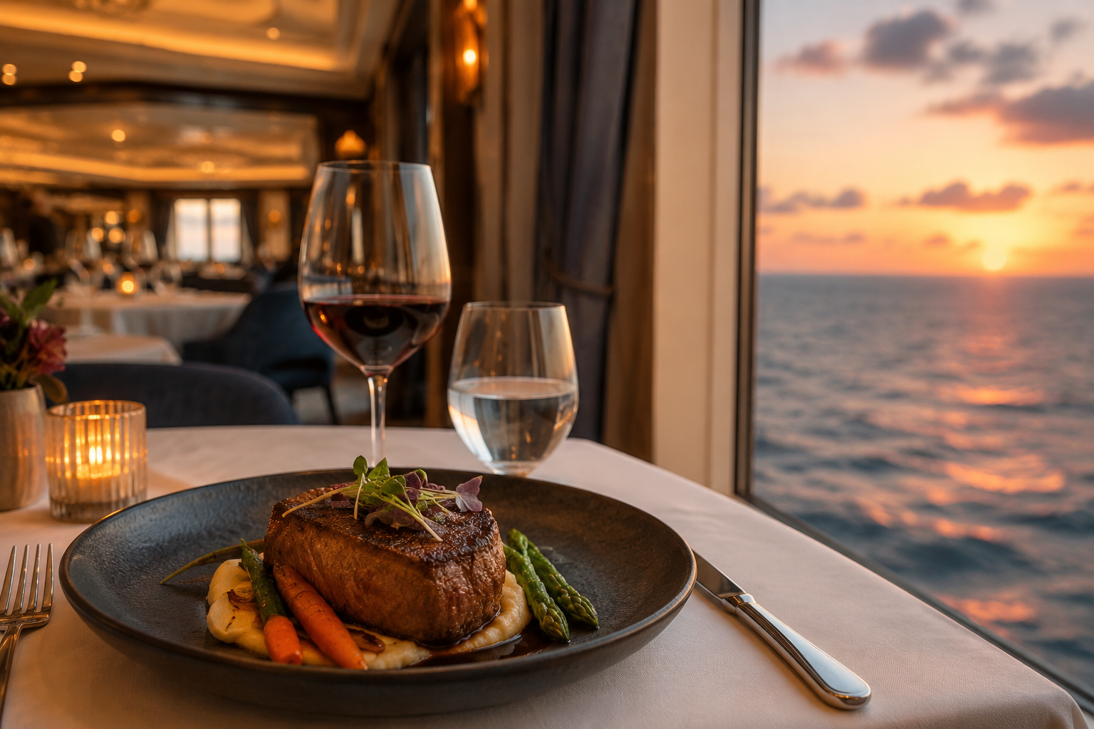 An elegantly plated steak dinner on a white-linen table in an upscale cruise specialty restaurant