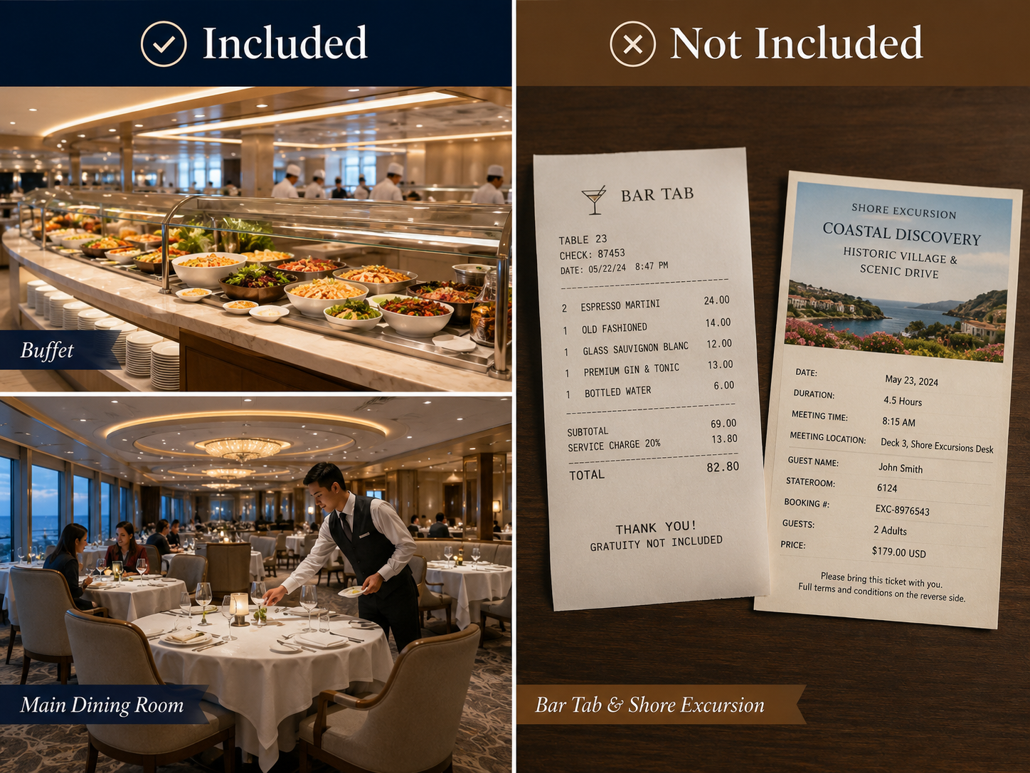A cruise ship buffet and main dining room alongside a bar tab and excursion ticket, illustrating what is and isn't included