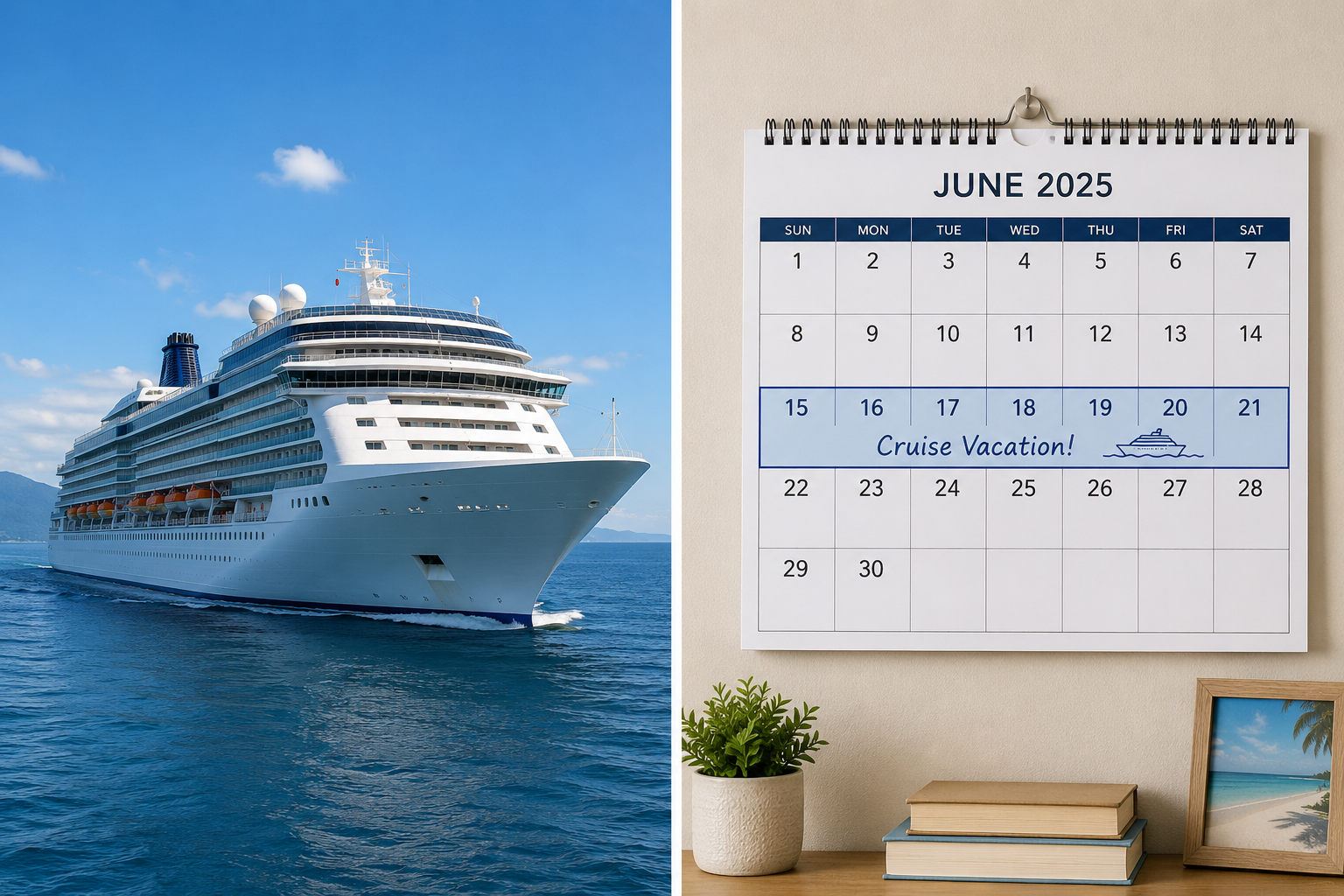 A cruise ship at sea beside a wall calendar marking the best months to book
