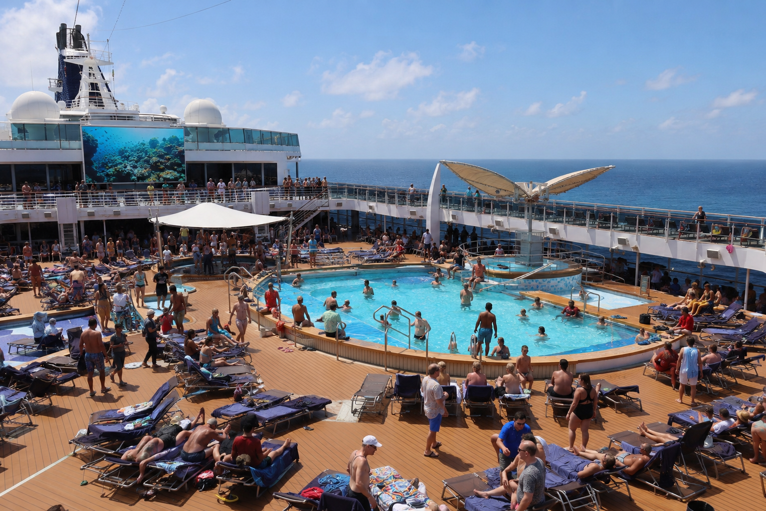 A busy cruise ship pool deck with loungers, a stage, and people enjoying activities on a sunny sea day