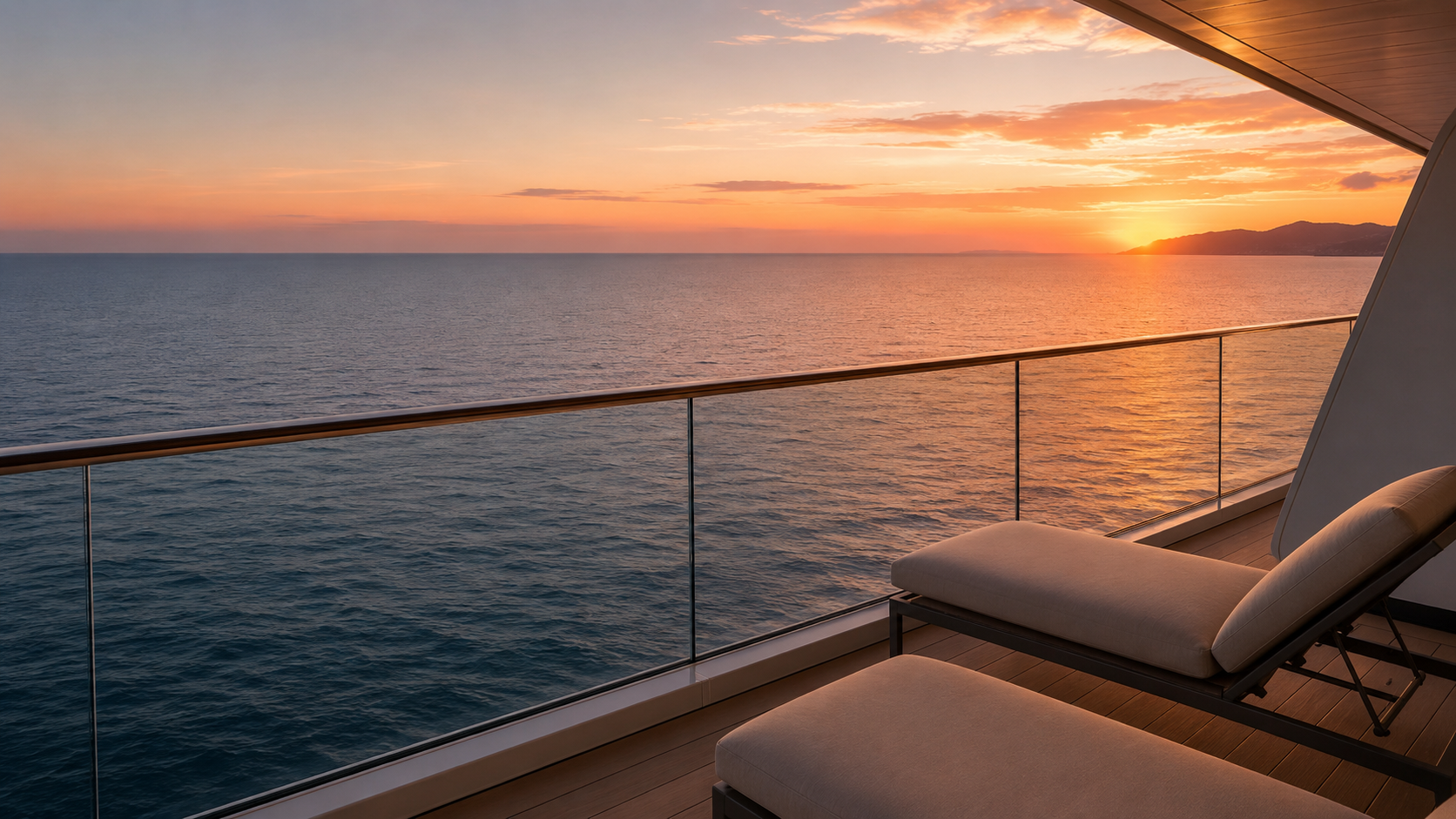 Serene ocean view from a private cruise ship balcony at sunset