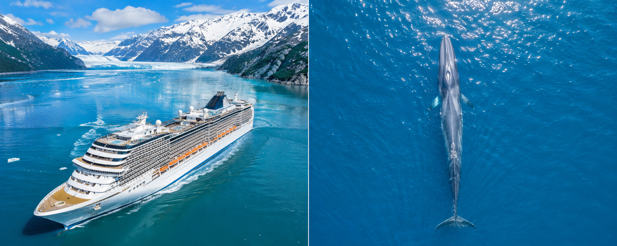 A Royal Caribbean cruise ship in the icy, mountain-lined waters of Alaska's Inside Passage.