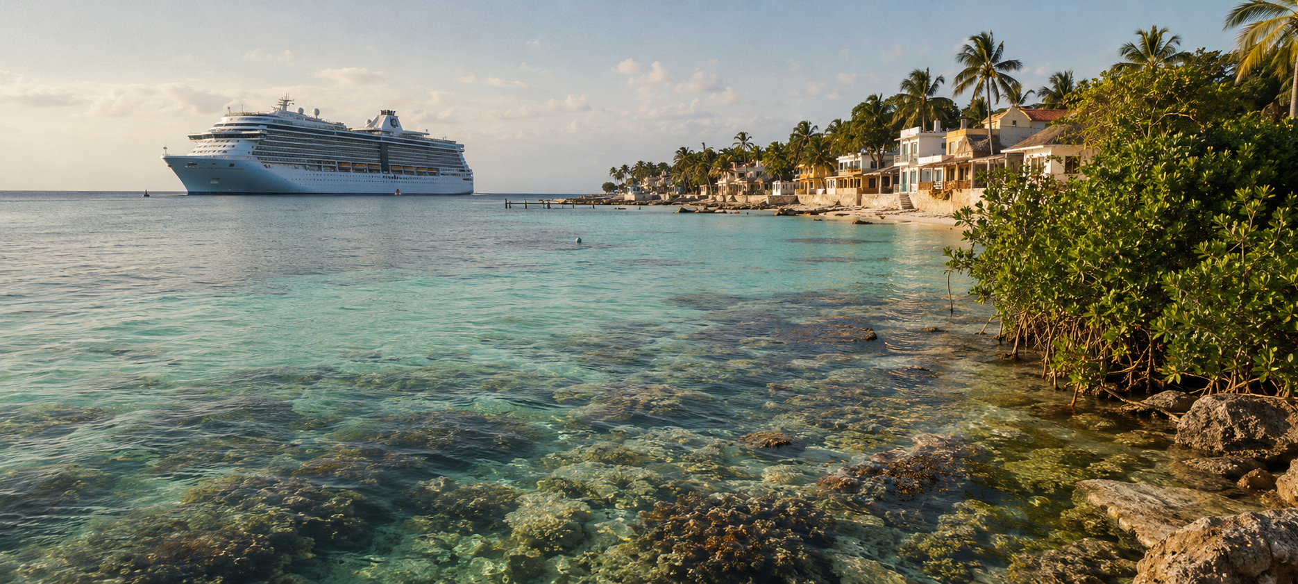 A cruise ship anchored off a turquoise Caribbean coastline edged by coral reef and mangroves, with a small Mexican beach village in the foreground.