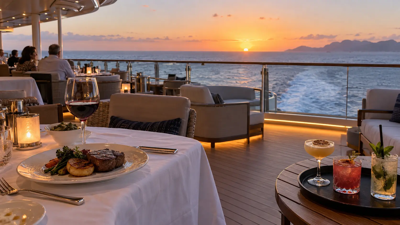 Candlelit steakhouse dinner table overlooking a cruise ship wake at sunset alongside a tray of three craft cocktails on a teak deck.