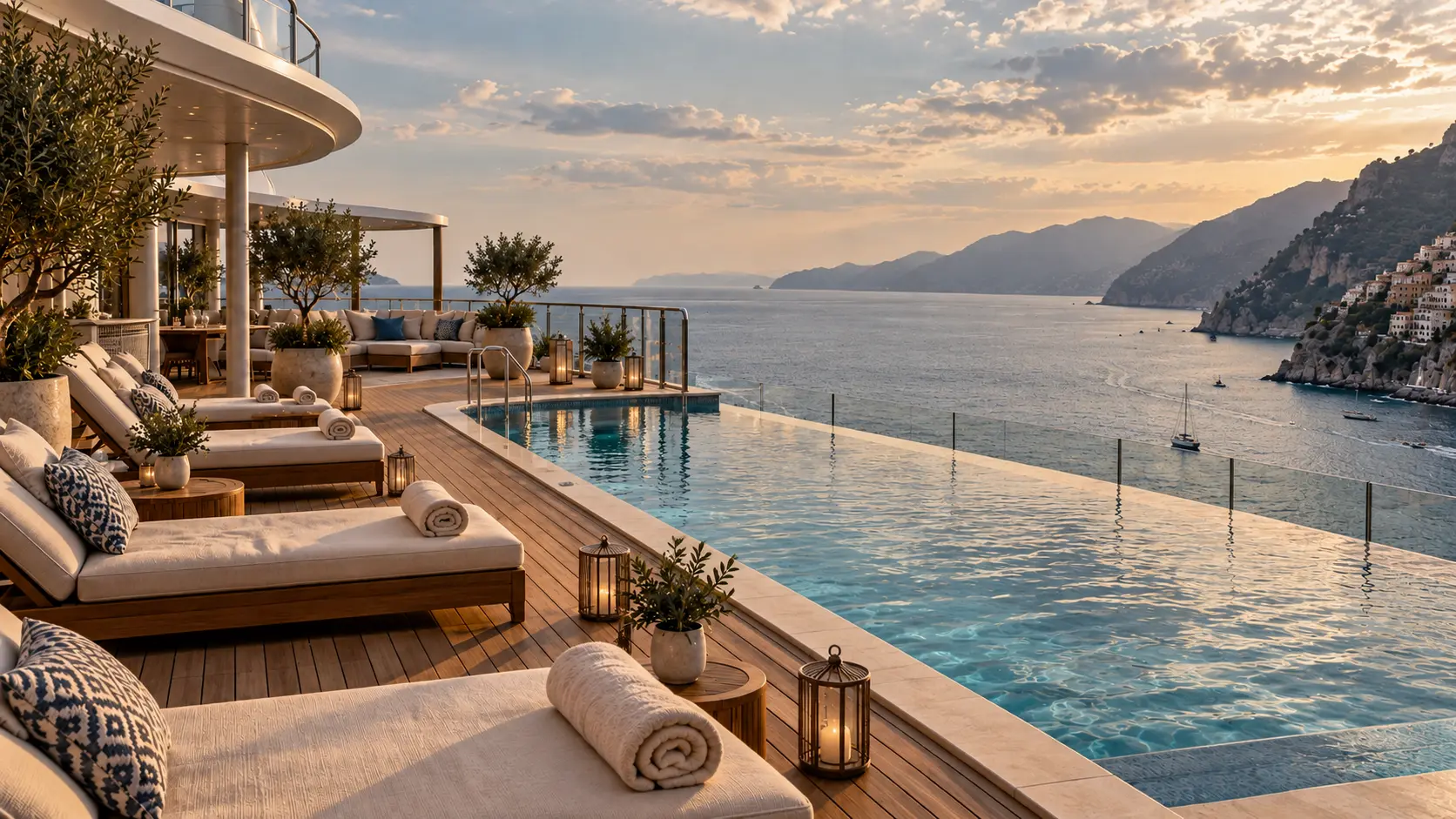 Warm editorial illustration of a tranquil top-deck cruise sanctuary pool and sun loungers overlooking the sea at sunset.